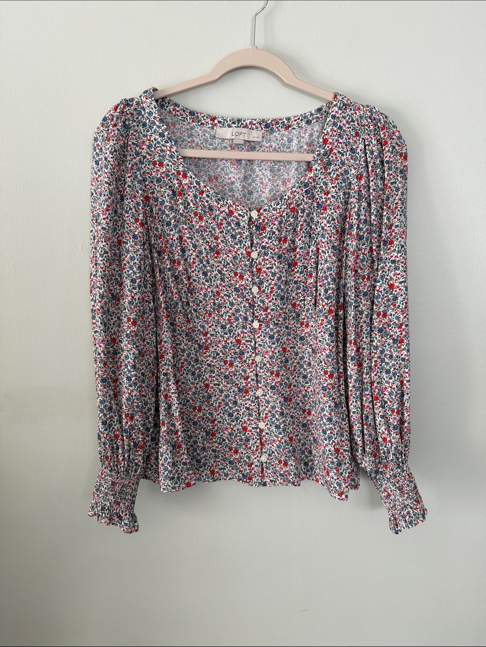 LOFT Floral Button-Front Blouse in Red, Blue, White